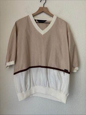 VINTAGE sporty Pierre Cardin Beige V‑Neck Pullover White and Brown Trim uniisex
